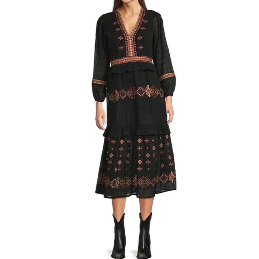 Reba Tiered Midi Dress Size 8 Lagum Black Embroidered Lagenlook Boho Western